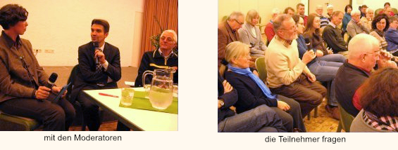 Paetzel im Gespräch mit den Moderatoren und auf dem zweiten Bild fragen die Teilnehmer
